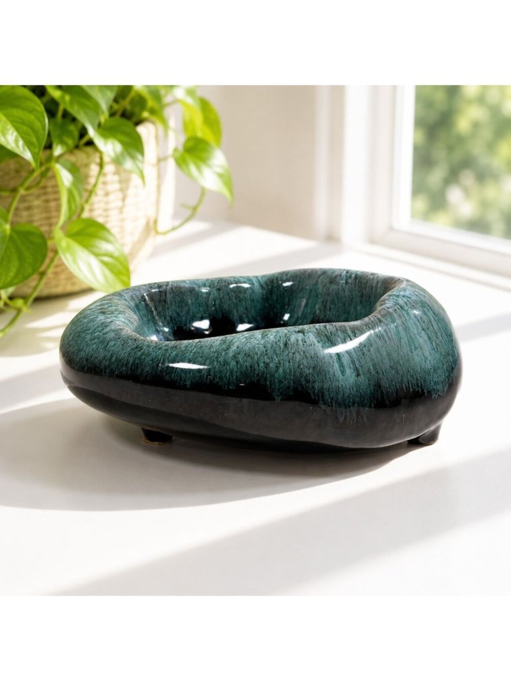 Handmade Vintage Evangeline Canada Trinket Dish Ashtray Teal & Black Glaze Abstr